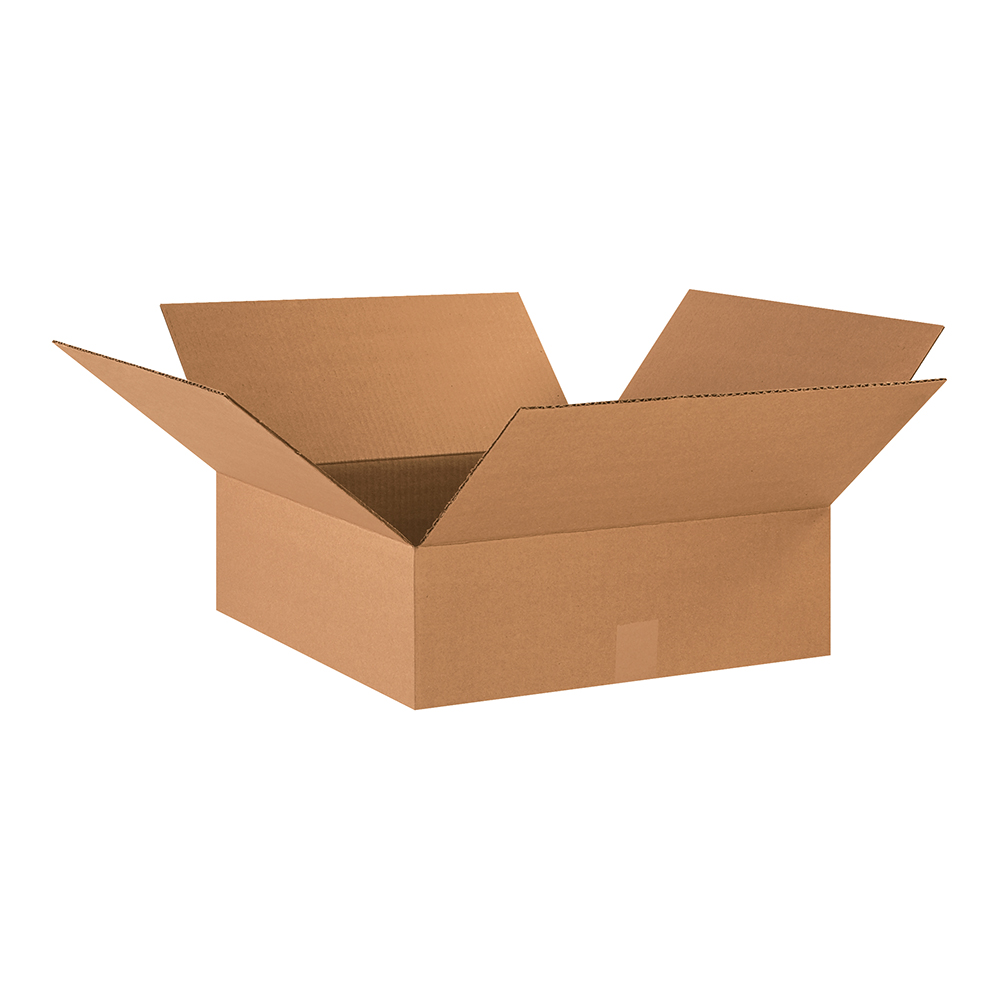 A brown Box Partners™ carton with four open flaps, viewed diagonally 18 x 18 x 6" Flat Corrugated Boxes